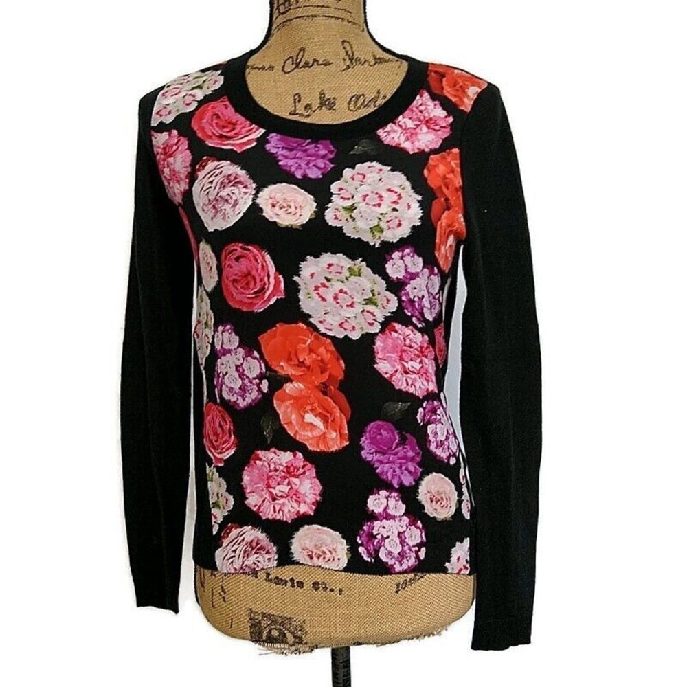 Moth Anthropologie Womens sz XS Top Black Pink Floral Silk Front Sweater Back
